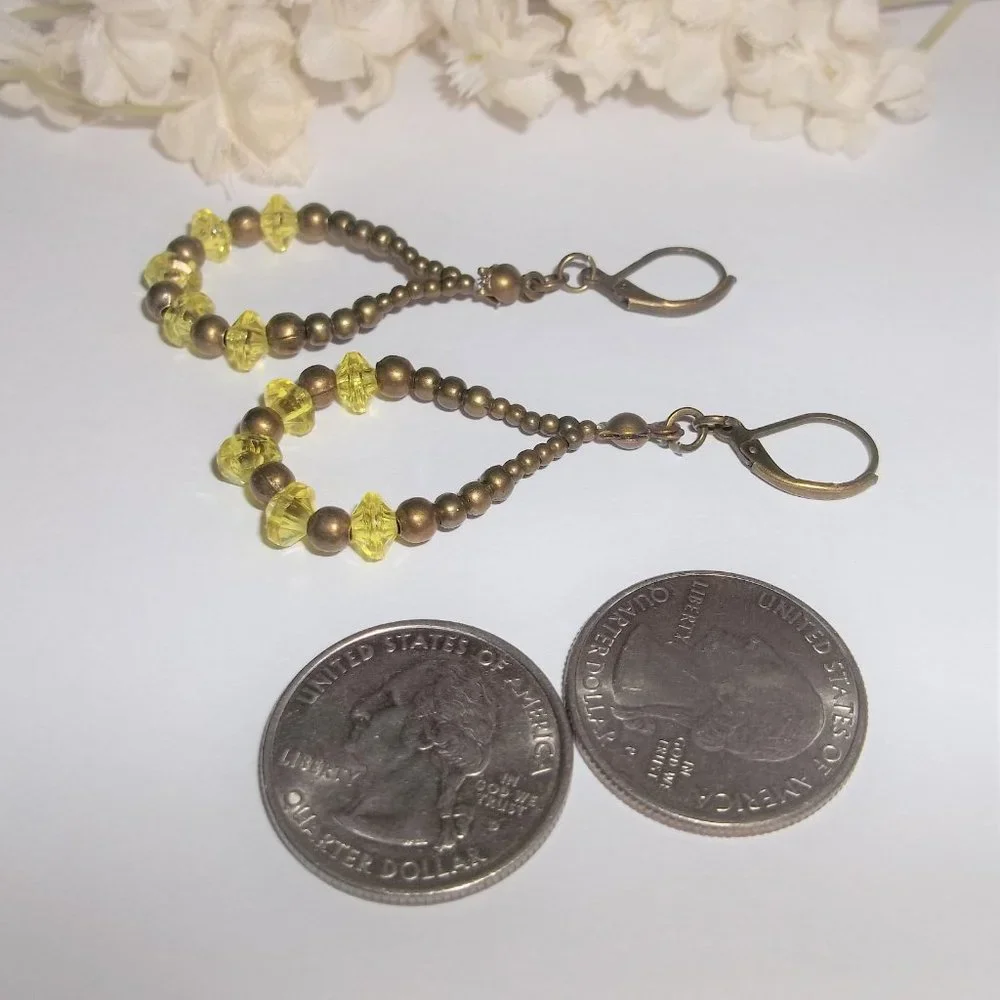 Boho Hoop Earrings Brown Bronze and Yellow Beaded Dangle Teardrop Accessory 7036 - Picture 5 of 8